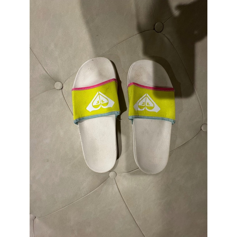 Roxy Womens Neon Yellow White Logo Slide Sandals Beach Pool Shoes